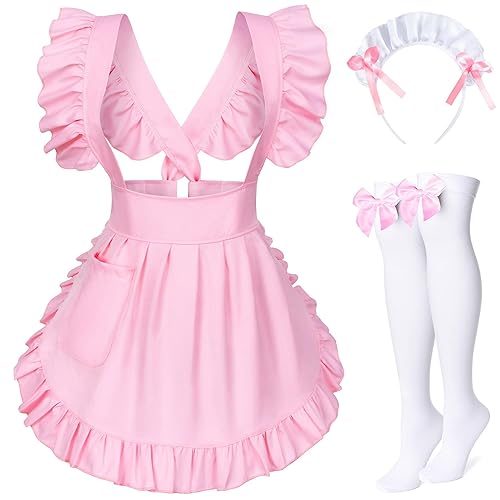 TOKYO REVENGERS Adjustable Retro Ruffle Maid Costume Apron Pockets With French headdress Socks set - One Size - Style1 Pink