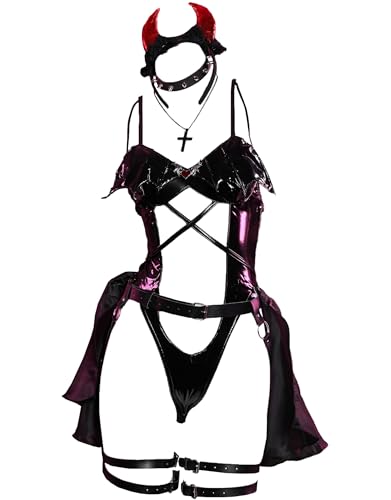 Mobbunny Women Devil Cosplay Lingerie Costume Cutout Bodysuit Kawaii Anime Bikini with Fishnet Thigh High Stockings - X-Large - Black