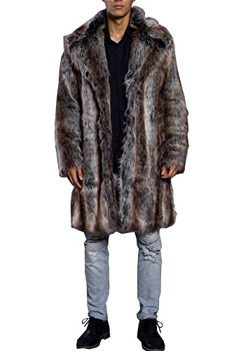 UMREN Men's Luxury Faux Fur Coat Jacket Winter Warm Long Coats Overwear Outwear - Large - Brown