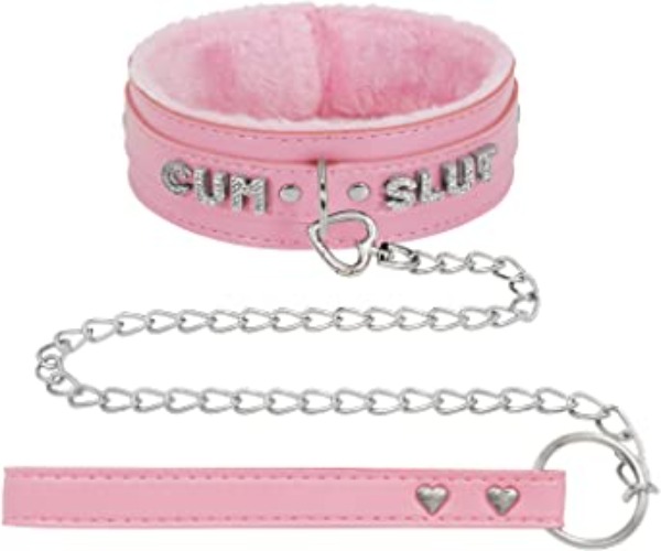 paloli Pink Choker Necklace for Women Leather Collar Fluffy Punk Leash Neck Choker Gothic Cosplay Sexy Jewelries - PK Fluff with leash CUM