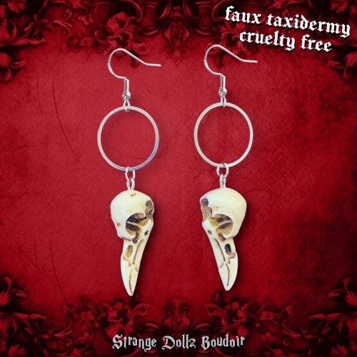 Raven skull earrings, Faux taxidermy, Witchy Gothic, Strange Dollz Boudoir