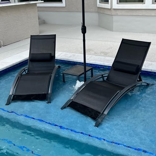 PURPLE LEAF Patio Chaise Lounge Set of 3 Outdoor Lounge Chair Beach Pool Sunbathing Lawn Lounger Recliner Chiar Outside Tanning Chairs with Arm for All Weather, Side Table Included, Black - Standard Size - Black