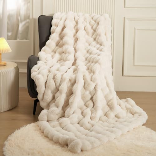 Super Comfort Oversized Warm Thick Bubble Double Sided Plush Rabbit Faux Fur Throw Blanket, Fluffy Blanket,Soft Cozy Blanket for Couch Chair Bed Sofa Living Room,White60'' x 80'' - White - 60inX80in
