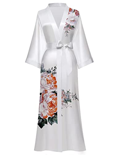 Moreone Women's Long Floral Silk Robe - One Size - White Print