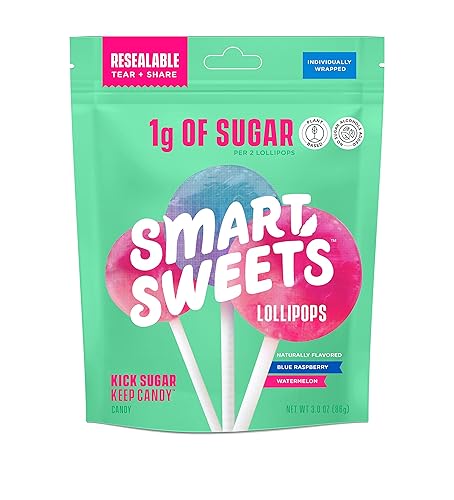 SmartSweets Lollipops, 3oz, Blue Raspberry & Watermelon Flavors, Hard Candy with Low Sugar (1g), Low Calorie (40), No Artificial Sweeteners, Plant-Based, Gluten-Free - Lollipops - 3 Ounce (Pack of 1)