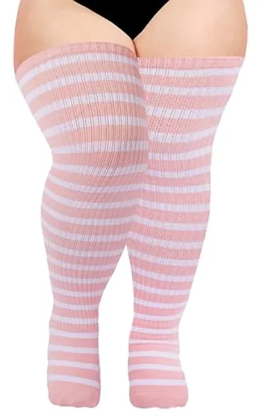 Moon Wood Plus Size Thigh High Socks for Women Knit Cotton Extra Long Halloween Over the Knee High Socks Leg Warmers - One Size Plus - Pink & White