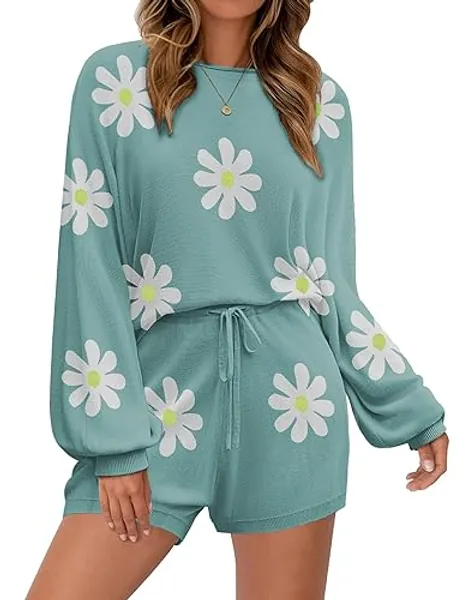 Ekouaer Knit Pajamas Set for Women Lounge Wear Sets Long Sleeve Sweatsuit Matching 2 Piece Outfits Casual Sweater Sets S-XXL - Floral Peacock Blue - XX-Large