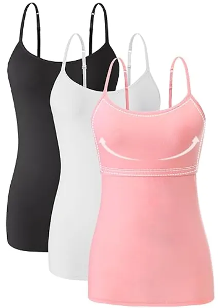 Orrpally Women Cotton Camisole Shelf Bra Cami Tank Tops Adjustable Spaghetti Strap Tank Top 3-Pack - XX-Large - Black/White/Pink