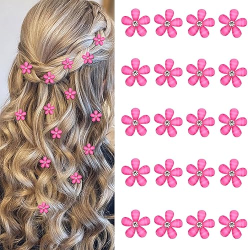 YISSION 20Pcs Mini Hot Pink Flower Hair Accessories with Rhinestone - Cute Decorative Wedding Hair Pins, Barrettes and Clips for Girls and Women - Hot Pink