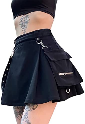 Ruolai Goth Black Pleated Mini Skirt with Chain High Waisted Tennis Skirt - Black With Waistband Small