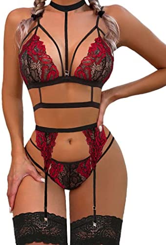 Avidlove Lace Garter Lingerie Set with Removable Choker Teddy Babydoll Strappy Bra and Panty Set (No Stockings) - Black&red Small