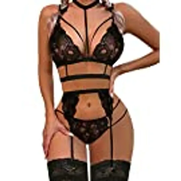 Avidlove Lace Garter Lingerie Set with Removable Choker Teddy Babydoll Strappy Bra and Panty Set (No Stockings)