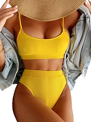 Lilosy High Waisted Tummy Control Ribbed Bikini Crop Top Brazilian Swimsuit Set 2 Piece - Small Yellow