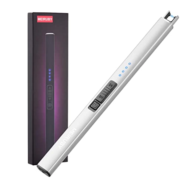 MEIRUBY Lighter Electric Candle Lighter Long Electronic Rechargeable USB Lighter Arc Windproof Flameless Lighters for Candle Camping BBQ Birthday Gifts for Women Mom Wife Men, Silver