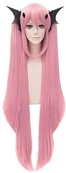 Yxshz Damenperücke, lang, glatt, für Cosplay, Anime, Krul Tepes, Party, voller Pony, Pferdeschwanz, Rosa