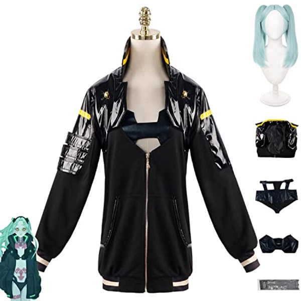 Wamalon Anime Cyberpunk Edgerunner Rebecca Cosplay Kostüm Outfit Lucy Schwarzes Uniformkleid Komplettes Set Halloween Party Karneval Anziehanzug mit Perücke für Frauen Mädchen