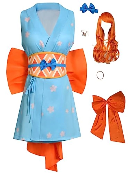 Liuyumin Anime Nami Cosplay Kostüm ONE PIECE Kimono Anzug Halloween Outfits Tunika Kimono Kleid Bowknot Perücke Set