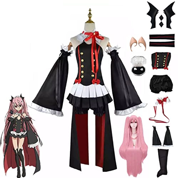 Amalon Anime Seraph of The End Krul Tepes Cosplay Kostüm Outfit Full Set Schwarzes Kleid Uniform Anzug Halloween Party Frauen Mädchen Kimono Dress Up mit Perücke