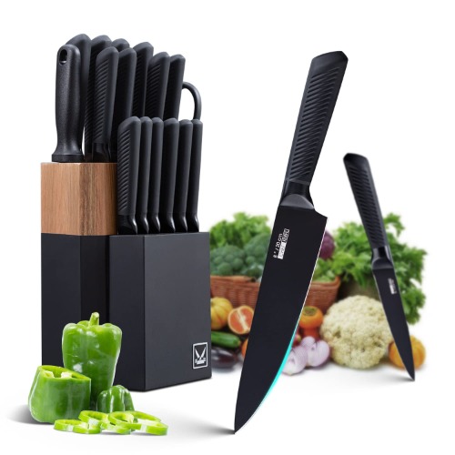 Knife Block Set, 15 Piece Knife Set, Kitchen Knife Set with 6 Steak Knife Set with Sharpener Chef Knife High German Carbon Stainless Steel Knife with Wooden Block Bread Knife Boxed Knife Set - 18PCS
