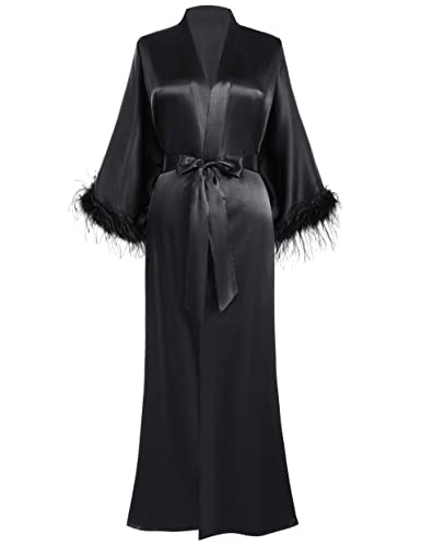 PRODESIGN Satin Kimono Robe Long Silky Bath Robe with Ostrich Feather Trim Sleepwear Wedding Bridesmaid Robe - One Size - Black