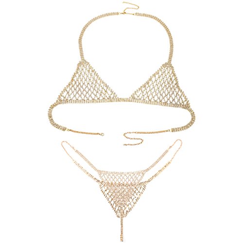 Ingemark Statement Crystal Bikini Rhinestone Chain for Women Top Bra Llingerie Set Brief - Golden
