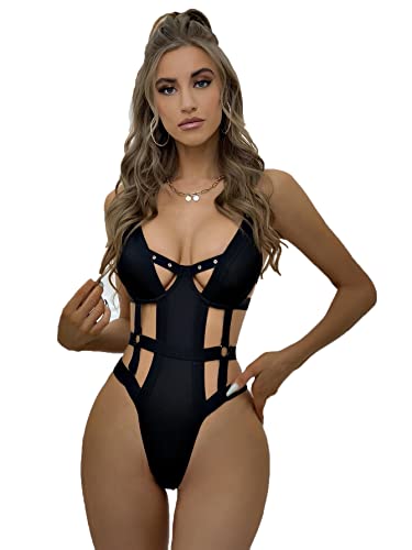Milumia Women's Eyelet Cut Out Ring Linked Bodysuit Underwire One Piece Teddy Lingerie - Large - Black