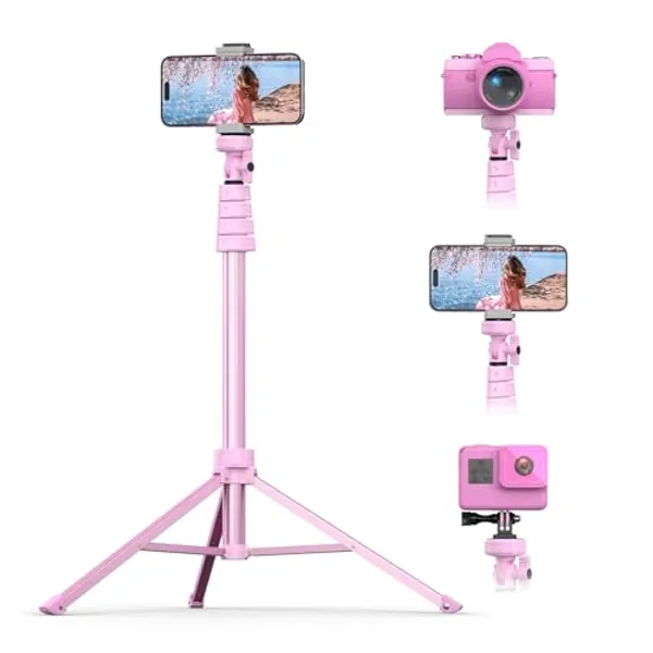 UBeesize 62" Phone Tripod & Selfie Stick, Camera Tripod Stand with Wireless Remote and Phone Holder,Compatible with iPhone Android Phone, Perfect for Selfies/Video Recording/Live Streaming Pink