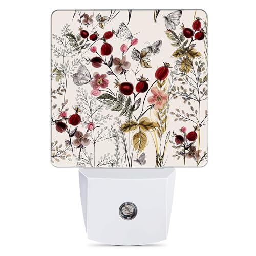 Jopowide Vintage Flower Night Light, Butterfly Plug into Wall with Dusk to Dawn Light Sensors, Warm Nightlights for Bedroom, Bathroom, Hallway, Kitchen, Gifts Ideal for Girls Women - Vintage Flower