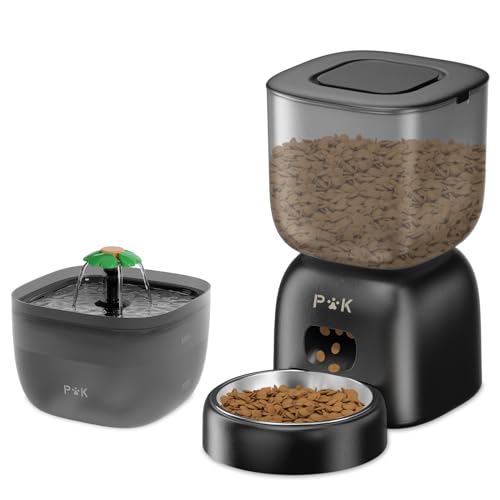 PUPPY KITTY Futterautomat Katze, 180 Tage Lange Batterielebensdauer, Leicht zu reinigen, 10S Sprachaufforderung, 3L Futterspender Katze Gratis 2L Katzenbrunnen (‎Schwarz) - Schwarz
