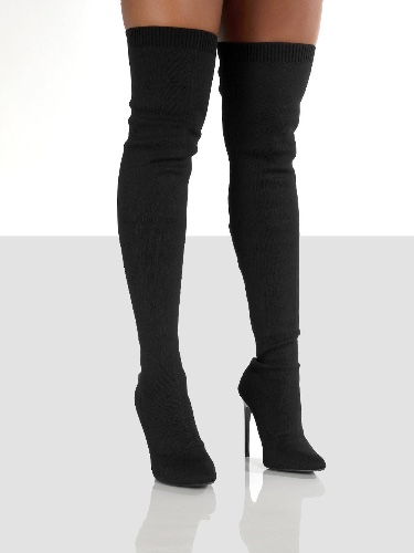 Point Toe Over Knee Stiletto Boots - Black / 38(US7)