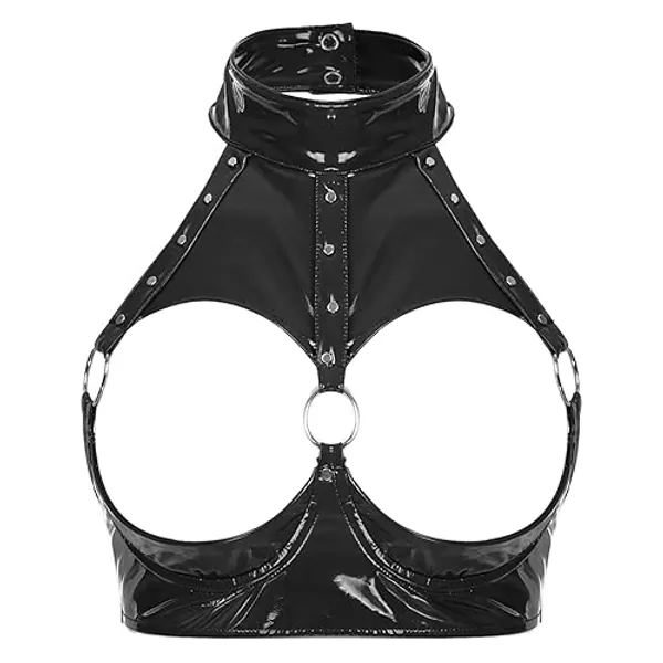 YiZYiF Womens Mock Neck PVC Leather Metallic Crop Top Sexy Zipper Front Bustier Bra Top - Open Black - Small