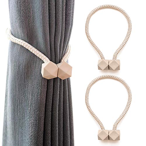 RISHNEG Magnetic Curtain Tiebacks, 2 Pack Octagon Style Curtain Holdbacks, 19 Inch Long Decorative Rope Holdback Holders, Decorative Draperies Holdbacks for Home Kitchen Window Curtains (Beige) - Beige