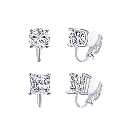 YOQUCOL 2 Pairs 8MM Cubic Zirconia Crystal Clip On Stud Earrings Non Pierced Stud Earrings For Women Girls - White