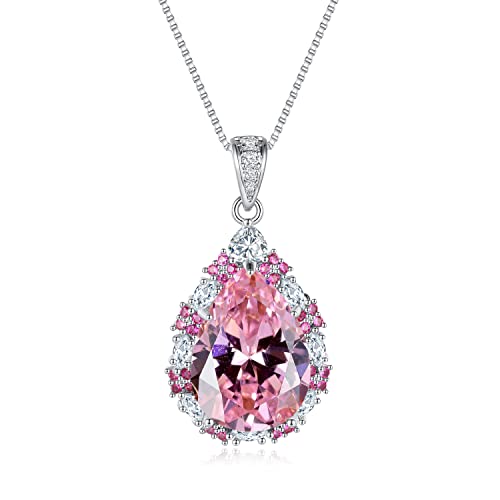 OPALead Pink Crystal Pendant Necklace S925 Sterling Silver Pink Diamond Gemstone Statement Necklace for Women Wedding Bride Jewelry Gift for Wife Mom