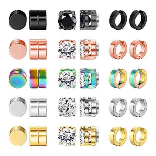 NEWITIN 15 Pairs Magnetic Stud Earrings for Men Stainless Steel Magnetic Earrings Men Clip on Earrings Non Piercing Cross Earrings Unisex CZ Hoop Dangle Cross Magnetic Earrings for Men Women - Vibrant