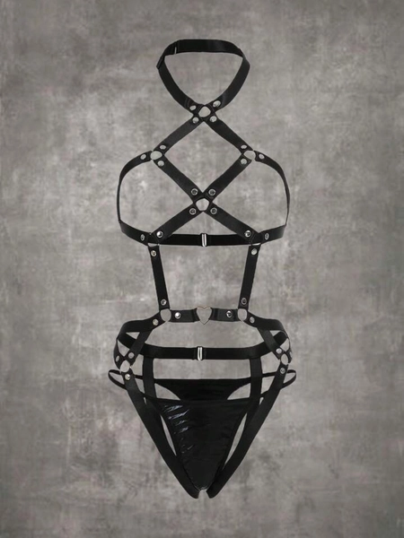 Grunge Punk Ring Linked Harness Teddy Bodysuit & Thong