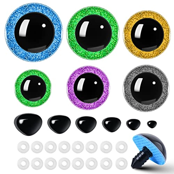 Safety Eyes and Noses, 172Pcs Large Safety Eyes for Amigurumi with Washers for Crochet/Dolls/Stuffed Animal(Blue/Green/Gold/Purple/Grey)