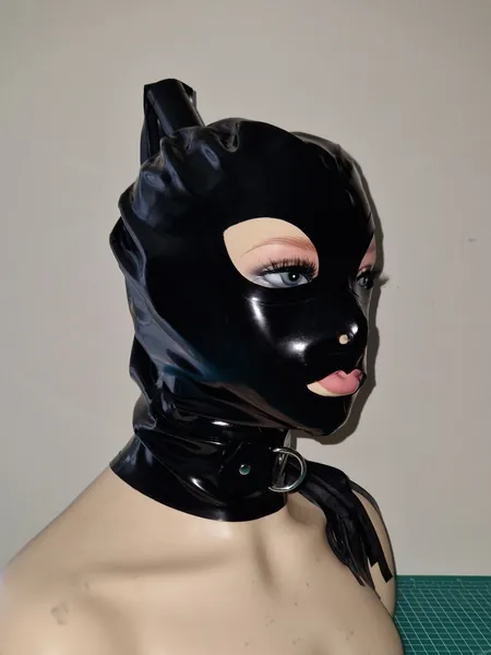 Latex rubber ponytail D-ring Hood Mask black fetish wear roleplay cosplay pony tail maskquerade