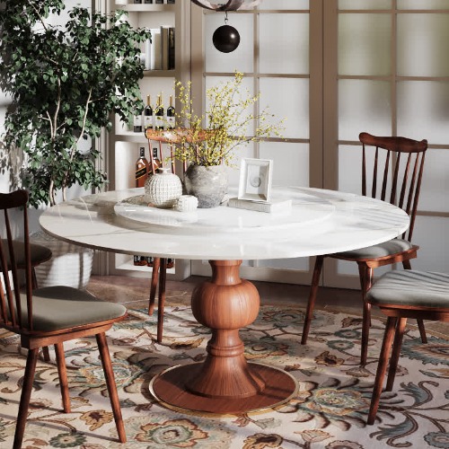 Round Dining Table Lazy Susan Turntable | 53" Snowy White
