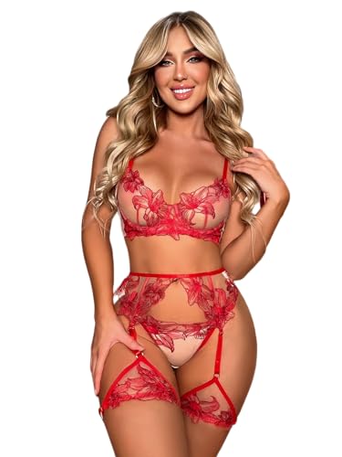 FUVYKOL Women's Lingerie 3 Piece Floral Embroidered Lingerie Garter for Women Bra and Panty Set - Small - Red