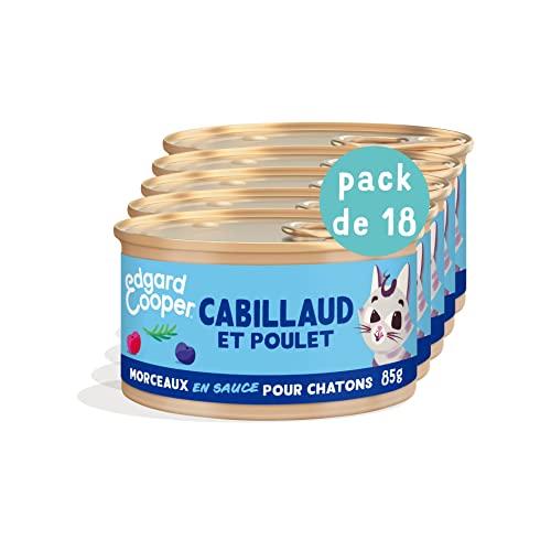 Edgard & Cooper Patée Pieces in Sauce Natural Wet Food without Grains 85g x 18 Cod & Chicken, Tasty and Balanced Healthy Diet - Kitte