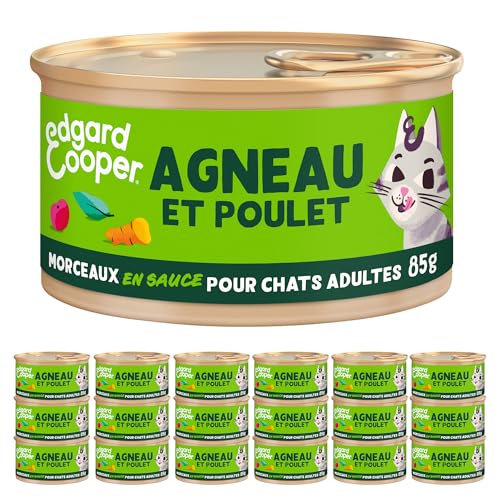 Edgard & Cooper Patée Morceaux en Sauce pour Chat Adulte Stérilisé ou Actif Nourriture Humide Naturelle sans Cereales 85g x 18 Agneau & Poulet, Alimentation Saine savoureuse et équilibrée - Agneau/Poulet