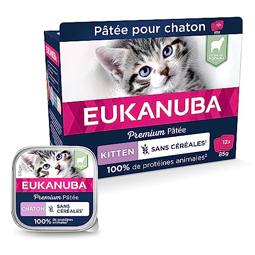 EUKANUBA Grain Free pour Chaton - Pâtée Premium SANS CEREALES – Sans gluten – Faible teneur en graisses - Riche en Agneau et enrichie en Taurine – 12 barquettes aluminium de 85 g