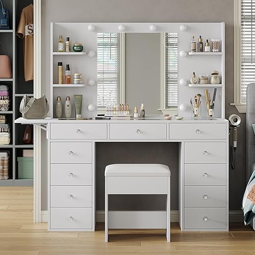 Vanity Desk with Power Outlet, 11 Drawers Makeup Vanity with Lighted Mirror, 3 Colors Adjustable, Glass Top Vanity with Chair, 4 Shelves and Fold-up Panel, Vanity Set for Bedroom, Dressing Room - 11 Drawers - White