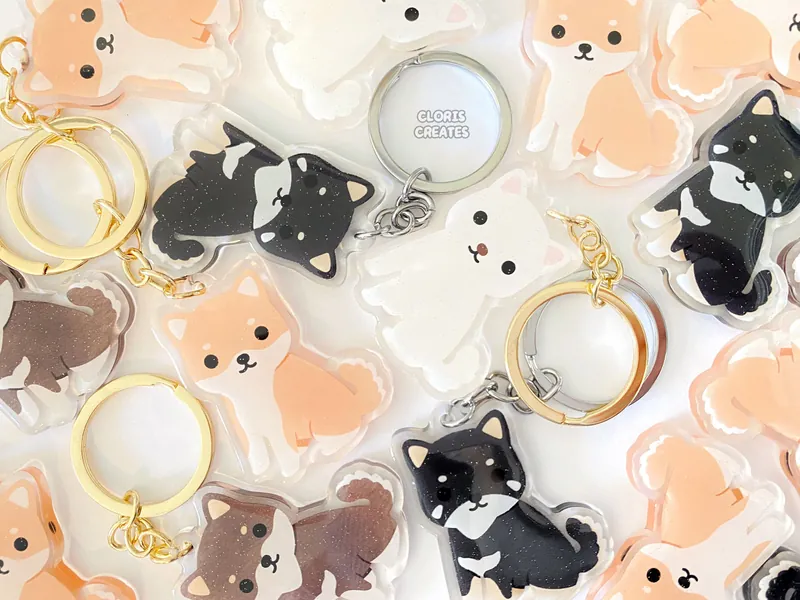 Shiba Inu Clear Acrylic Dog Breed Keychain | Cartoon Art Style Double-Sided Epoxy Charm with Glitter | Kawaii Cute Puppy Lover Gift