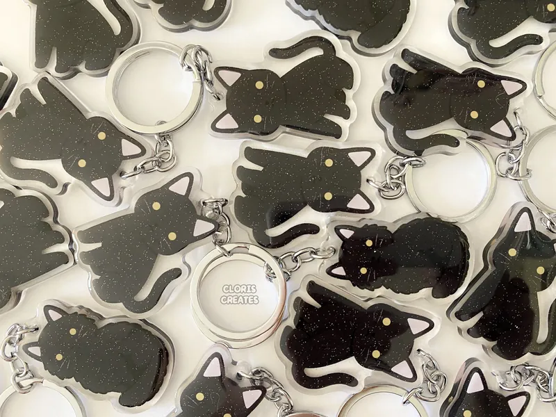Black Cat Clear Acrylic Pet Breed Keychain | Cartoon Art Style Double-Sided Epoxy Charm with Glitter | Kawaii Cute Kitten Lover Gift