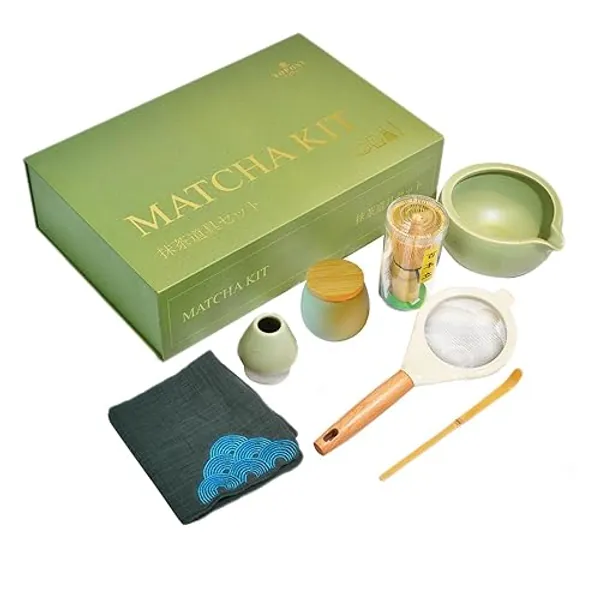 7Pcs Japanese Matcha Tea Set, Matcha Kit with Matcha Bowl (with Pouring Spout), Matcha Whisk, Whisk Holder，Powder Caddy, Strainer - Elegant Matcha Set for Gifting and Personal Use, Gift Box Packaging