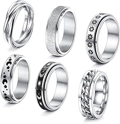6Pcs Stainless Steel Fidget Band Rings for Women, Moon Star Spinner Rings, Anxiety ring Stress Relieving Band Ring Set - 7