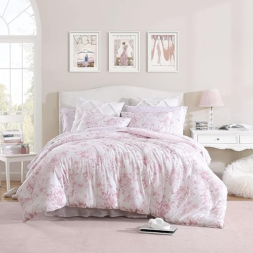 Laura Ashley- King Comforter Set, Reversible Cotton Bedding with Matching Sham(s), Farmhouse Home Décor (Delphine Pink, King) - King - Delphine Pink