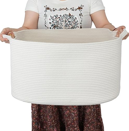XUANGUO Large Rectangle Blankets Basket Living Room 22"x17"x12" Woven Cotton Rope Storage Basket for Nursery Toy Basket for Kids and Dogs Wicker Laundry Basket Bin for Clothes Towels white - white